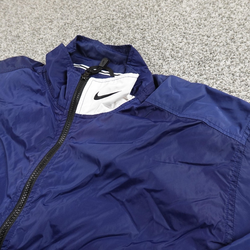 VTG Nike Jacket Mens L Blue White Windbreaker Full Zip Coat Swoosh Logo 90s Y2K